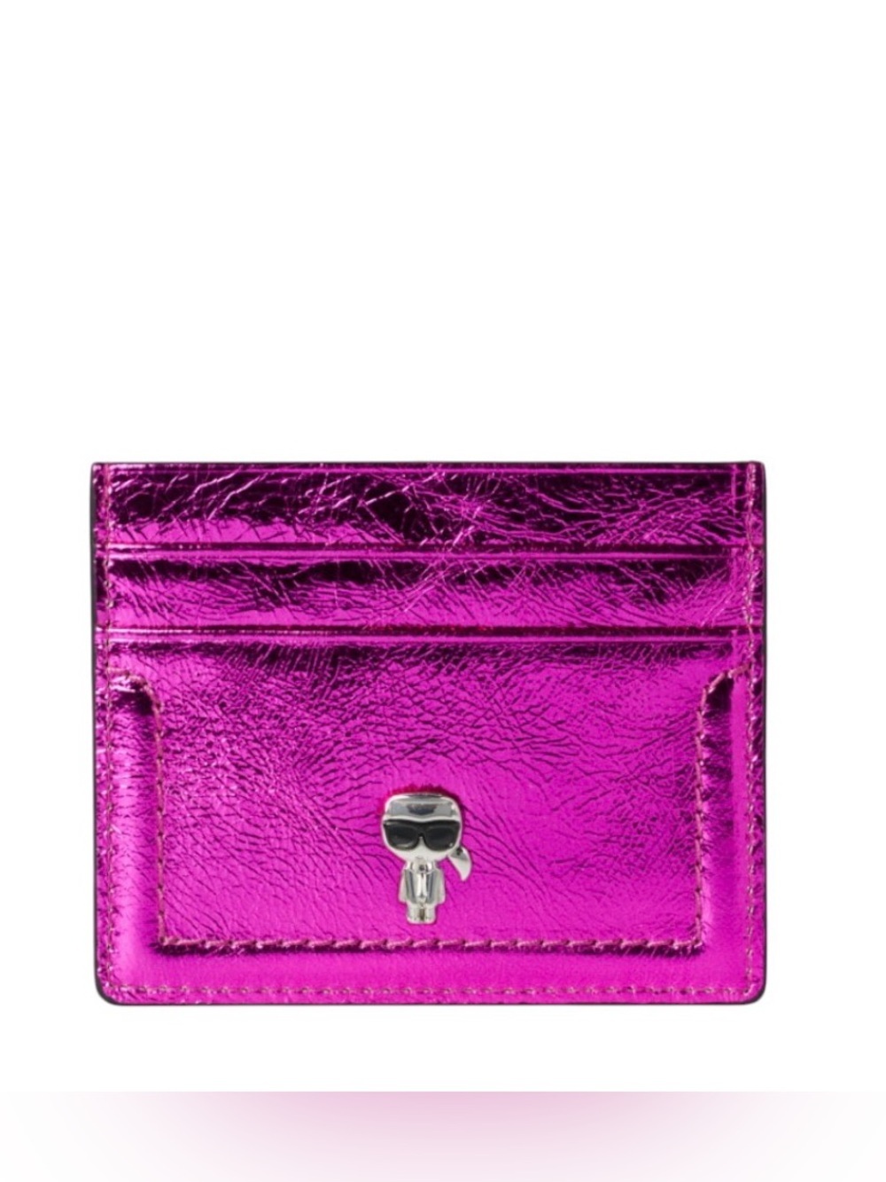 NWT Karl Lagerfeld Leather Card Holder Metallic Pink 3 x 4 inch Wallet Logo